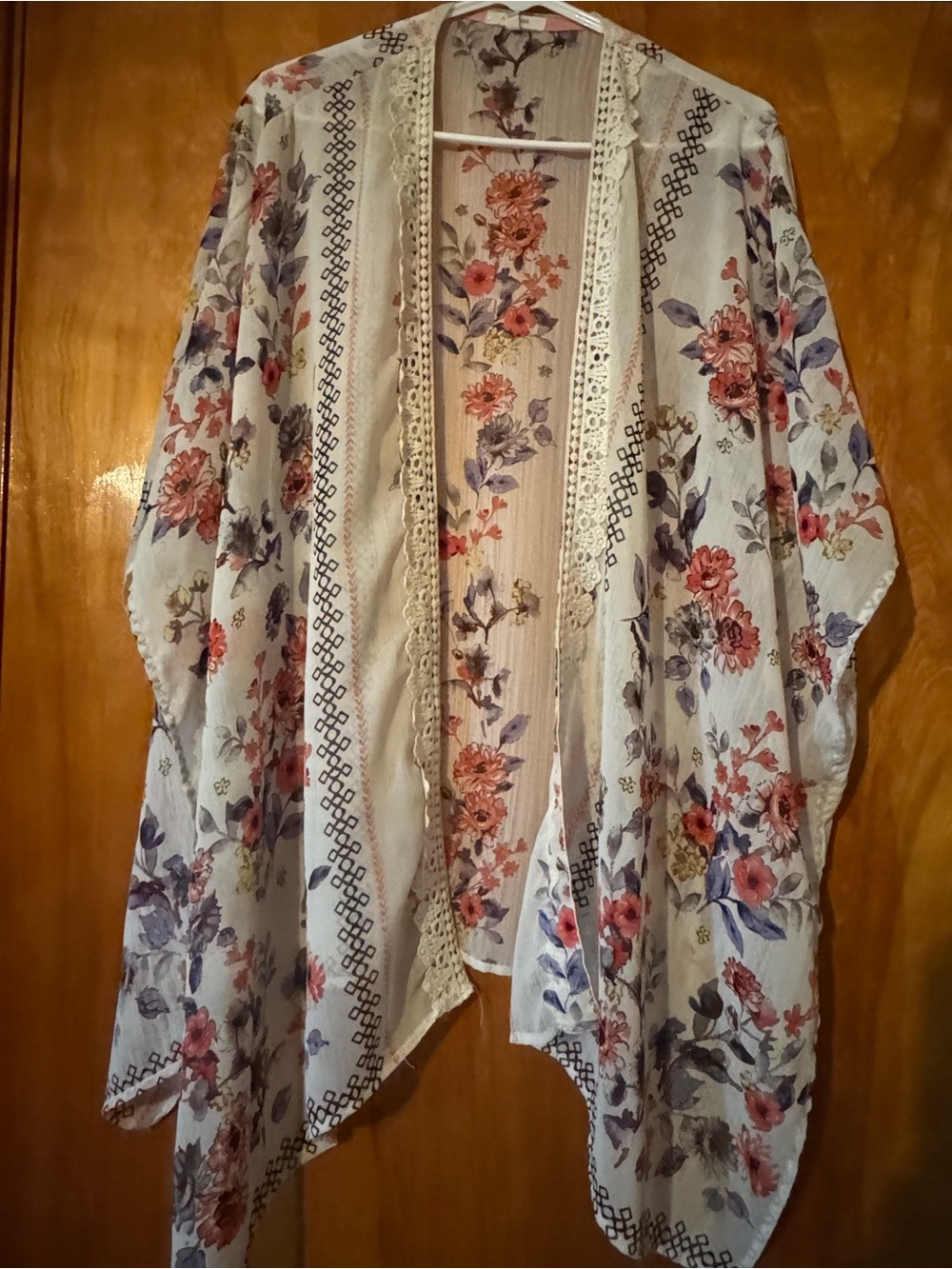Maurices Floral Sheer Kimono - Cream with Red & Blue Flowers